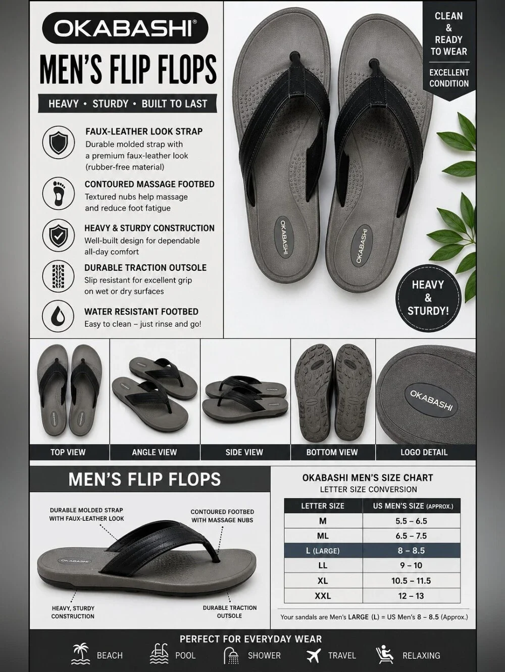 Okabashi Men’s Flip Flops Large 8-8.5 Gray Black